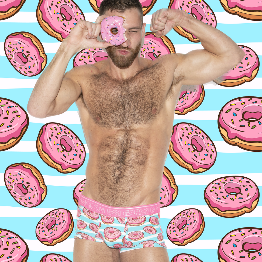 Sexy gay men wearing donut underwear brand by Garcon print fun underwear