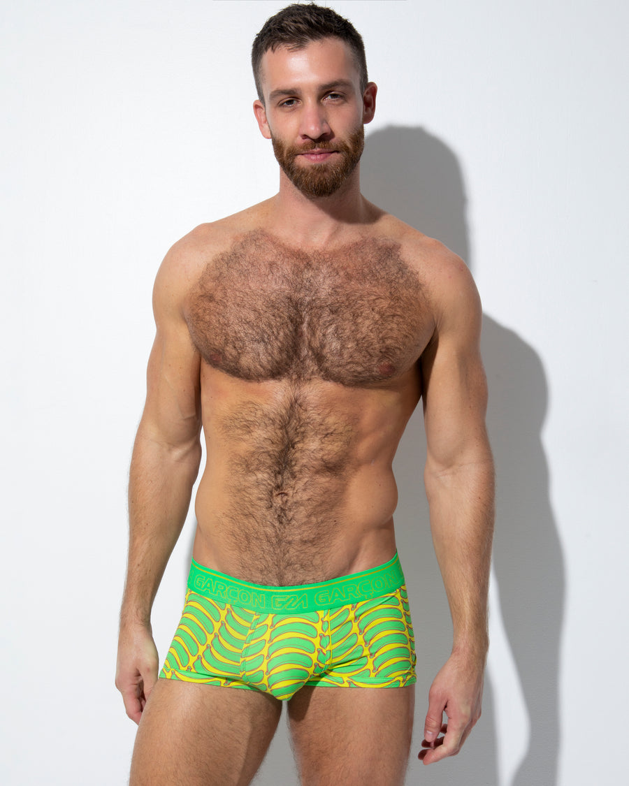 Sexy man wearing banana underwear brand by Garcon print fun underwear